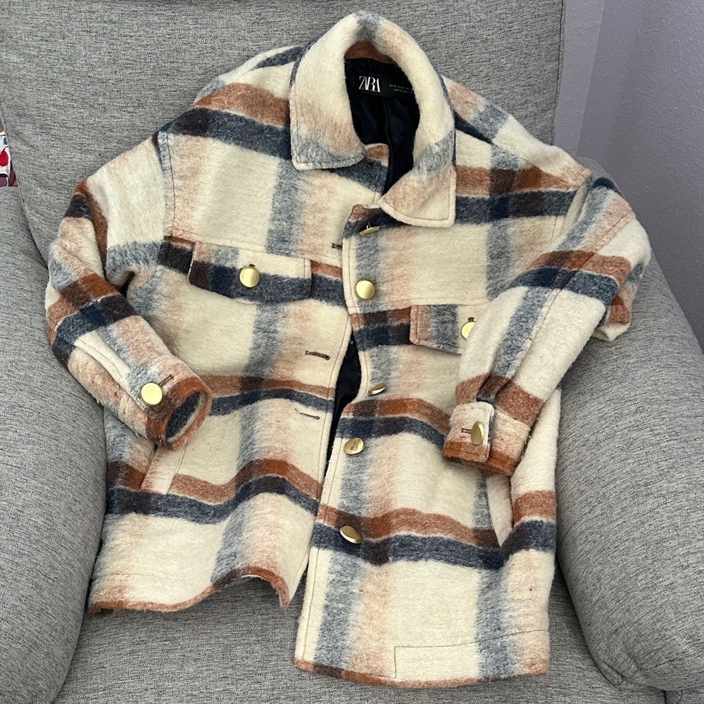 Zara Cream and Blue plaid Jacket with Gold Accents